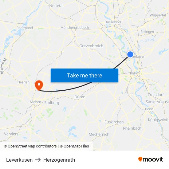 Leverkusen to Herzogenrath map