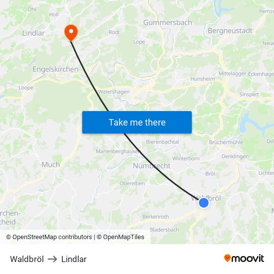 Waldbröl to Lindlar map