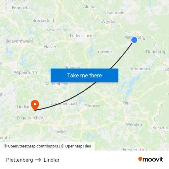 Plettenberg to Lindlar map