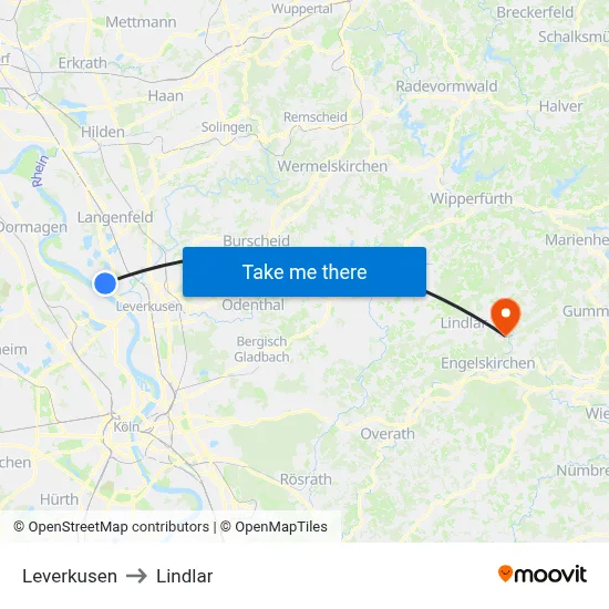 Leverkusen to Lindlar map