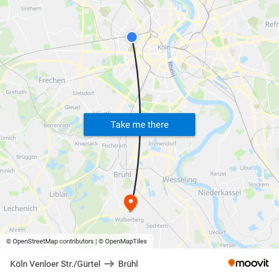 Köln Venloer Str./Gürtel to Brühl map