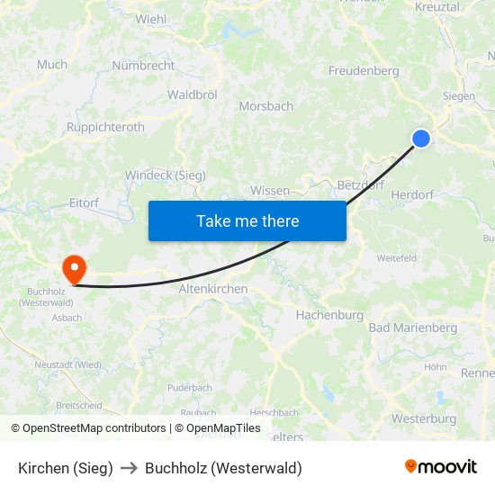 Kirchen (Sieg) to Buchholz (Westerwald) map