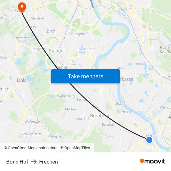 Bonn Hbf to Frechen map