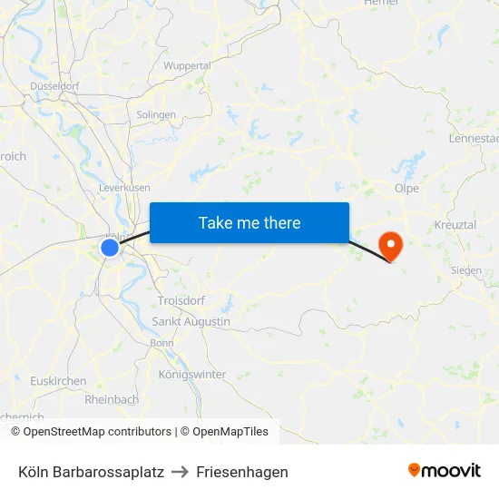 Köln Barbarossaplatz to Friesenhagen map