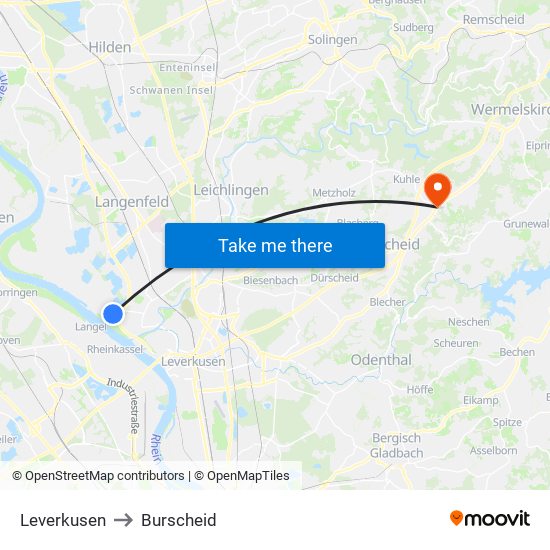 Leverkusen to Burscheid map