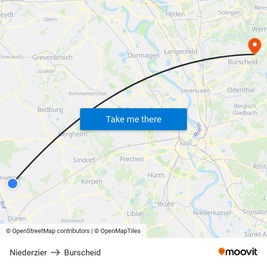 Niederzier to Burscheid map