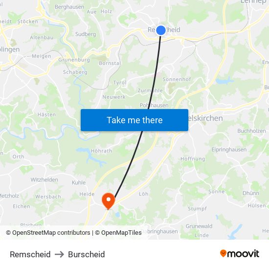 Remscheid to Burscheid map