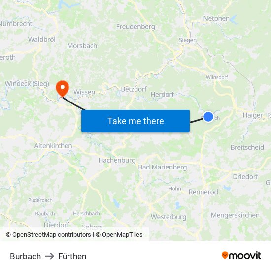 Burbach to Fürthen map