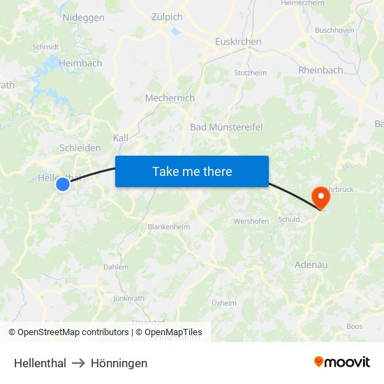 Hellenthal to Hönningen map