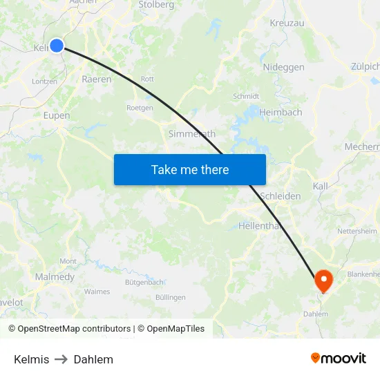 Kelmis to Dahlem map