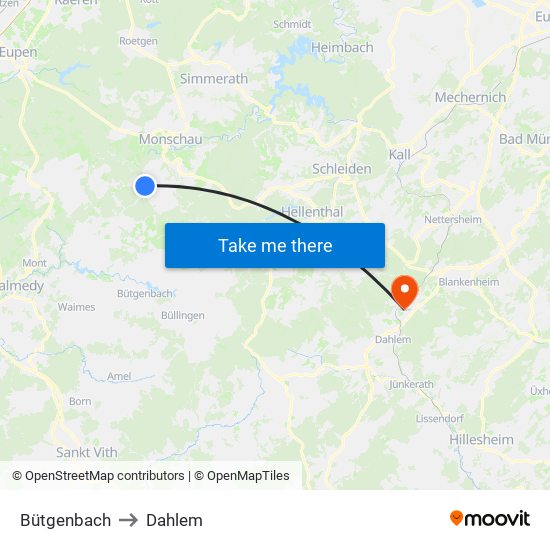 Bütgenbach to Dahlem map