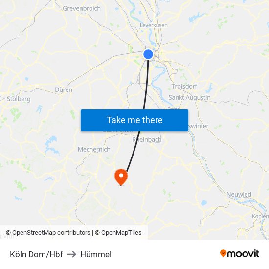 Köln Dom/Hbf to Hümmel map