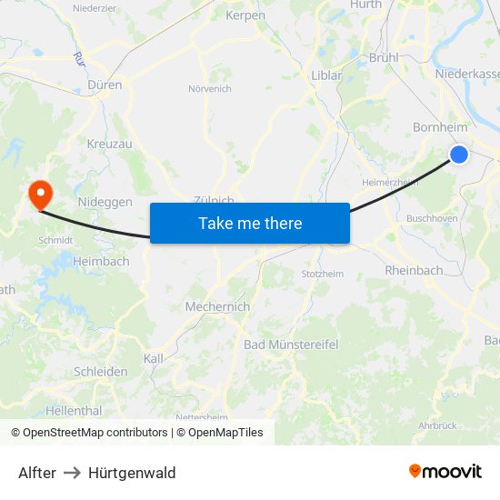 Alfter to Hürtgenwald map