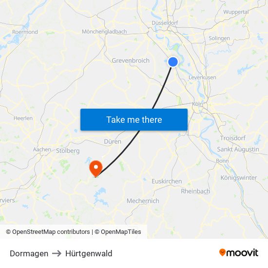 Dormagen to Hürtgenwald map