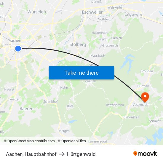 Aachen, Hauptbahnhof to Hürtgenwald map