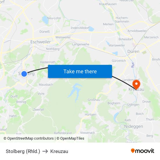 Stolberg (Rhld.) to Kreuzau map