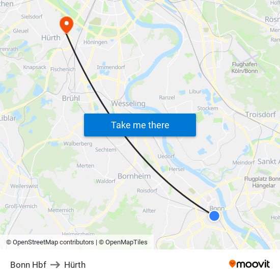 Bonn Hbf to Hürth map