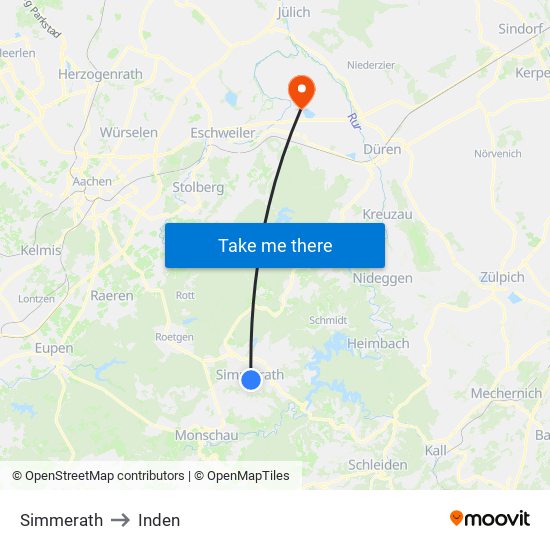 Simmerath to Inden map