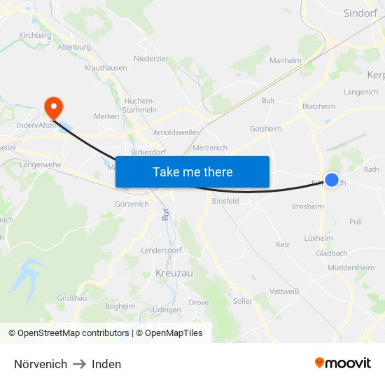 Nörvenich to Inden map