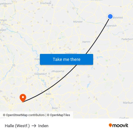 Halle (Westf.) to Inden map