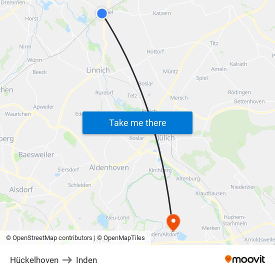 Hückelhoven to Inden map