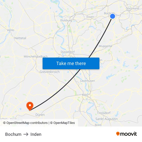Bochum to Inden map