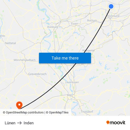 Lünen to Inden map