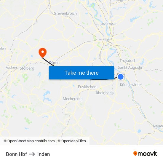 Bonn Hbf to Inden map