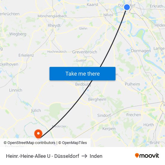 Heinr.-Heine-Allee U - Düsseldorf to Inden map