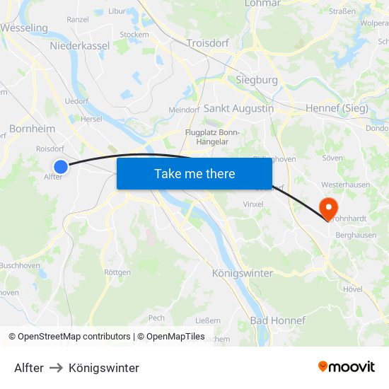 Alfter to Königswinter map