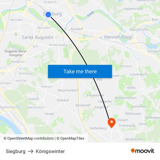 Siegburg to Königswinter map