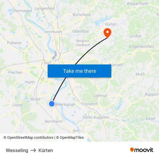 Wesseling to Kürten map