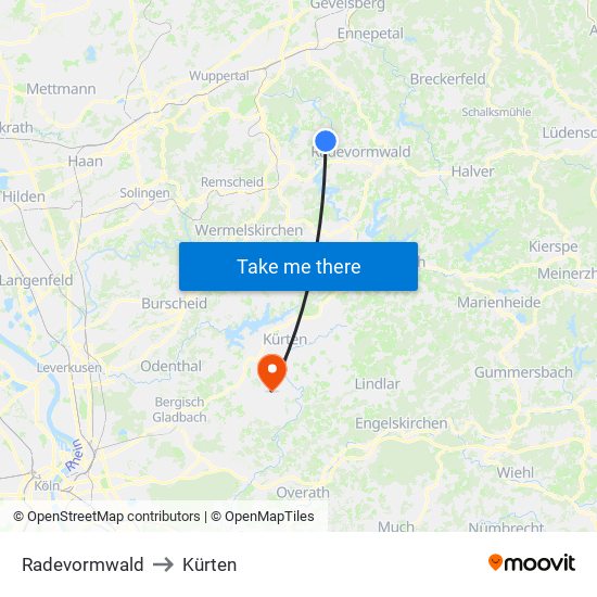 Radevormwald to Kürten map