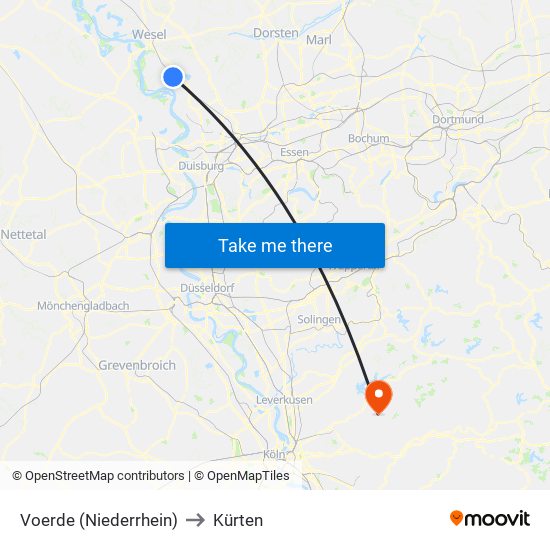 Voerde (Niederrhein) to Kürten map