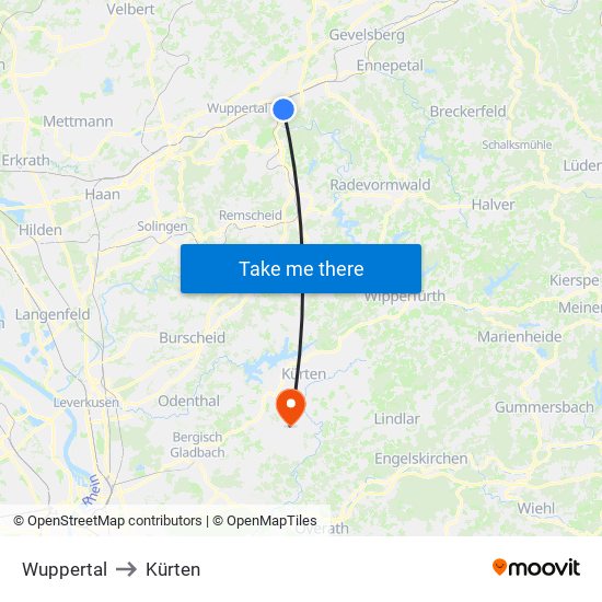 Wuppertal to Kürten map