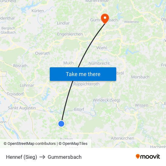 Hennef (Sieg) to Gummersbach map