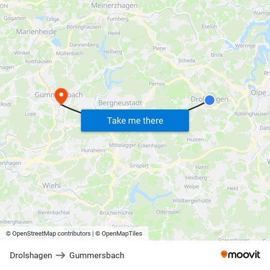 Drolshagen to Gummersbach map
