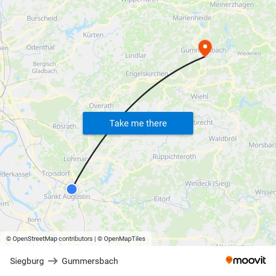 Siegburg to Gummersbach map