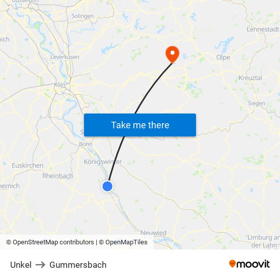 Unkel to Gummersbach map