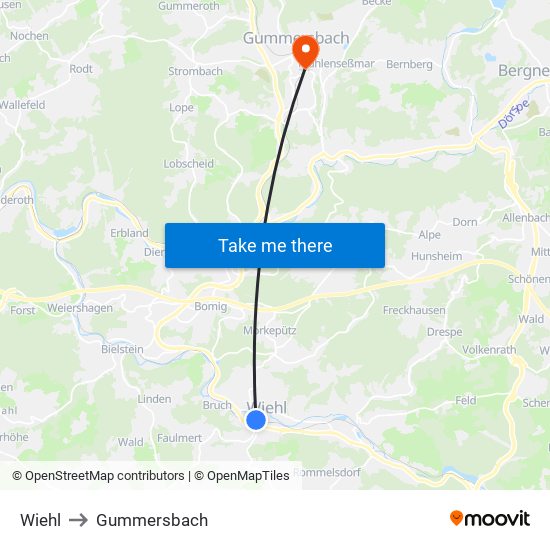 Wiehl to Gummersbach map