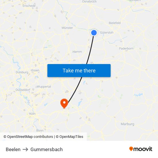 Beelen to Gummersbach map