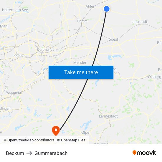 Beckum to Gummersbach map