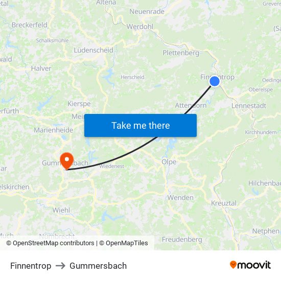 Finnentrop to Gummersbach map