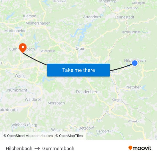 Hilchenbach to Gummersbach map