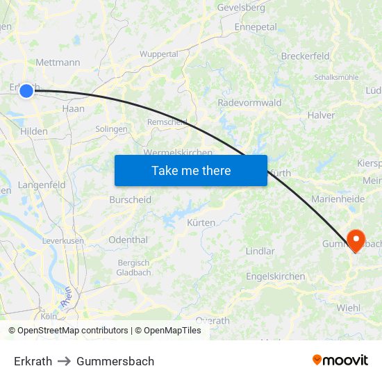 Erkrath to Gummersbach map