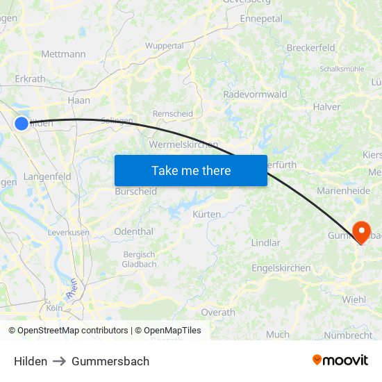 Hilden to Gummersbach map