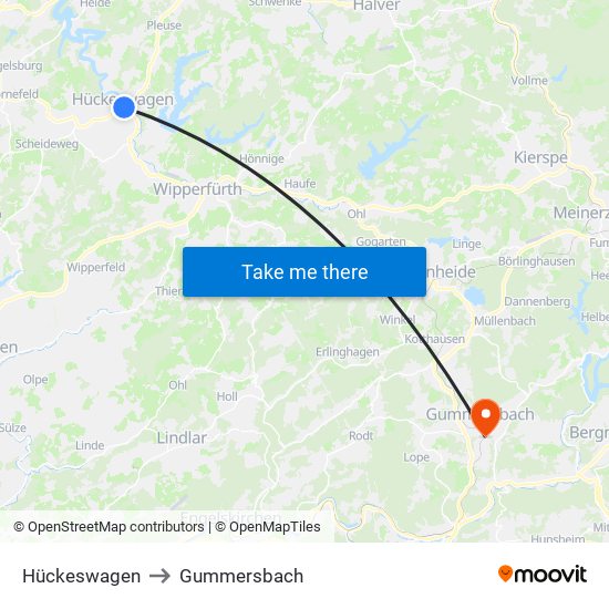 Hückeswagen to Gummersbach map