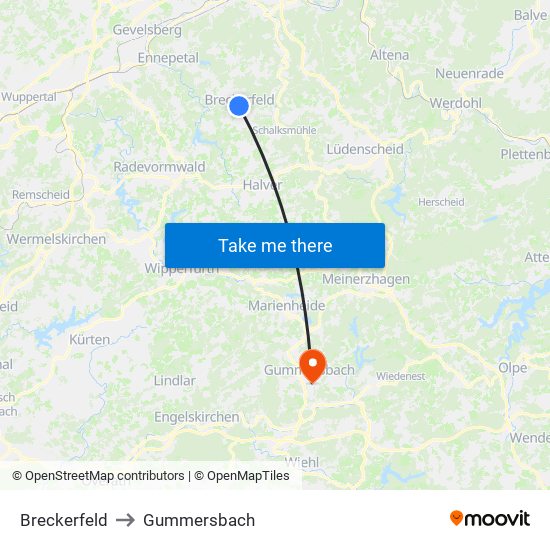 Breckerfeld to Gummersbach map