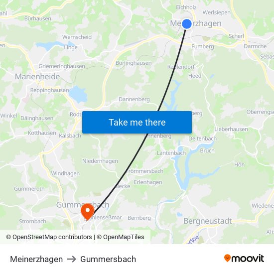 Meinerzhagen to Gummersbach map