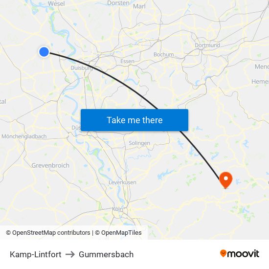 Kamp-Lintfort to Gummersbach map